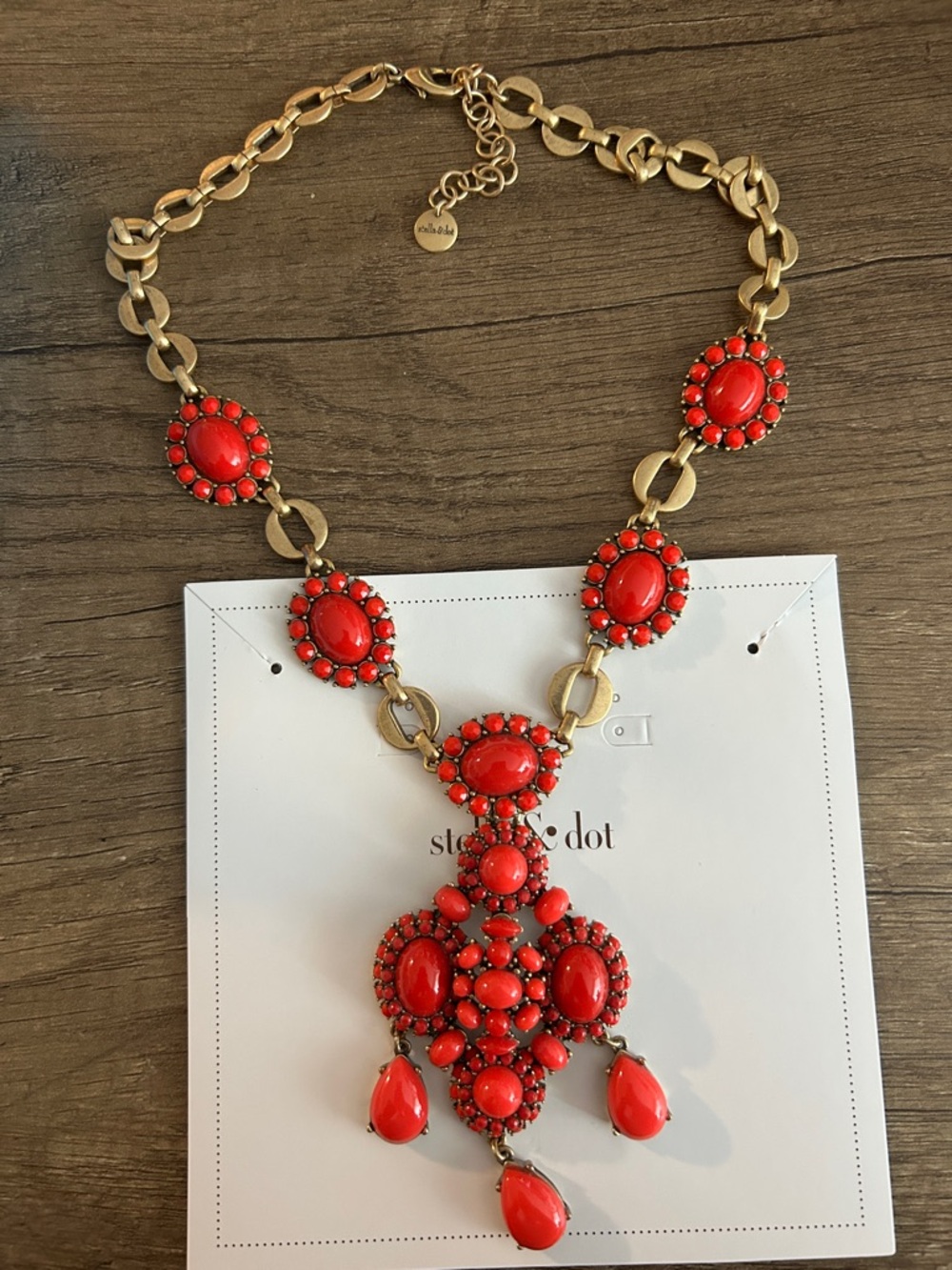 Stella Dot Necklace Sardinia Red Coral Removable Pendant 22-24” Gold Tone